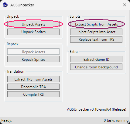 AGSUnpacker v0.10 — click Unpack Assets, then Extract Scripts from Assets