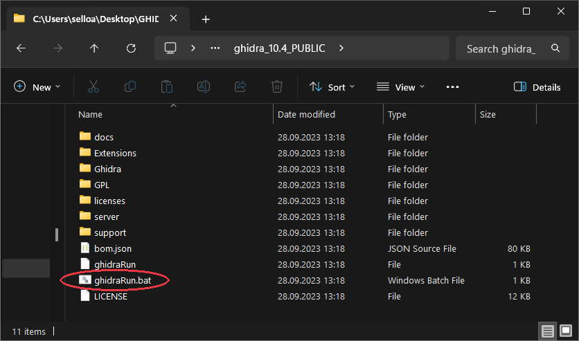 The unzipped ghidra_10.4_PUBLIC folder — double-click ghidraRun.bat