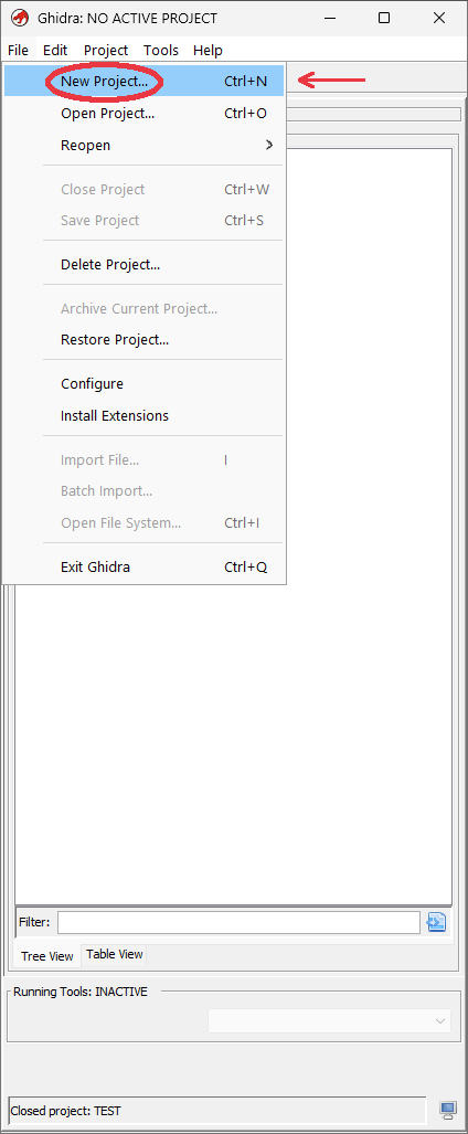 Ghidra Project Manager on first launch — no project open yet