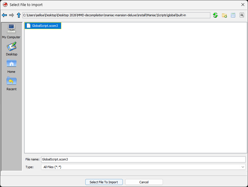 Browse to your .scom3 file — e.g. GlobalScript.scom3