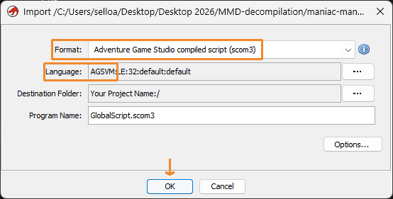 Import dialog — Format and Language should match these values