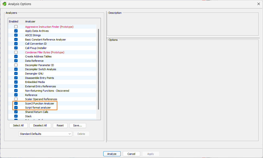 Analysis Options — confirm Scom3 Function Analyzer and Script format analyzer are checked
