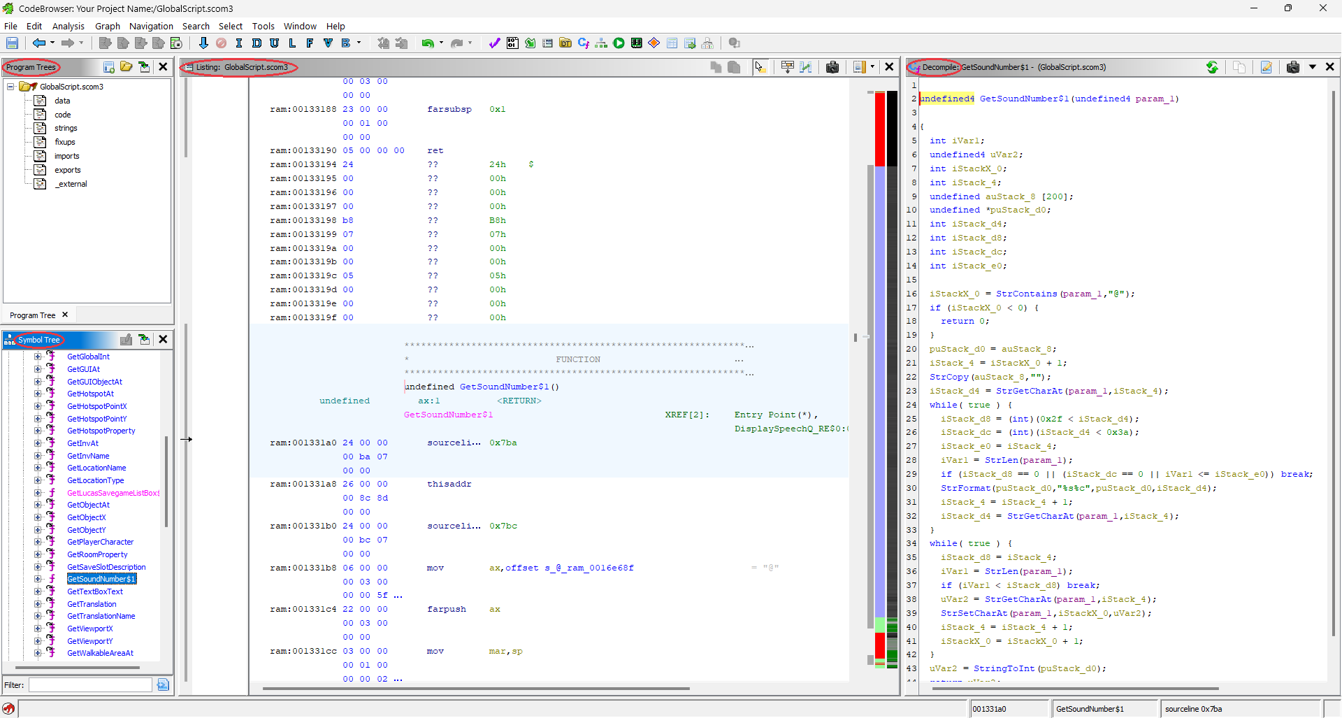 CodeBrowser — Symbol Tree, Listing, and Decompile panel with a function selected