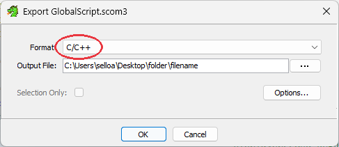 Export dialog — Format C/C++, pick an output path